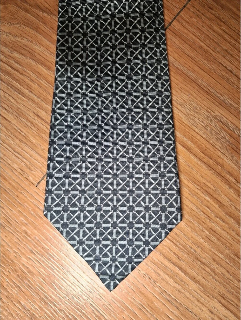 VINTAGE Hermes 100% Silk Tie Black Gray Geometric France